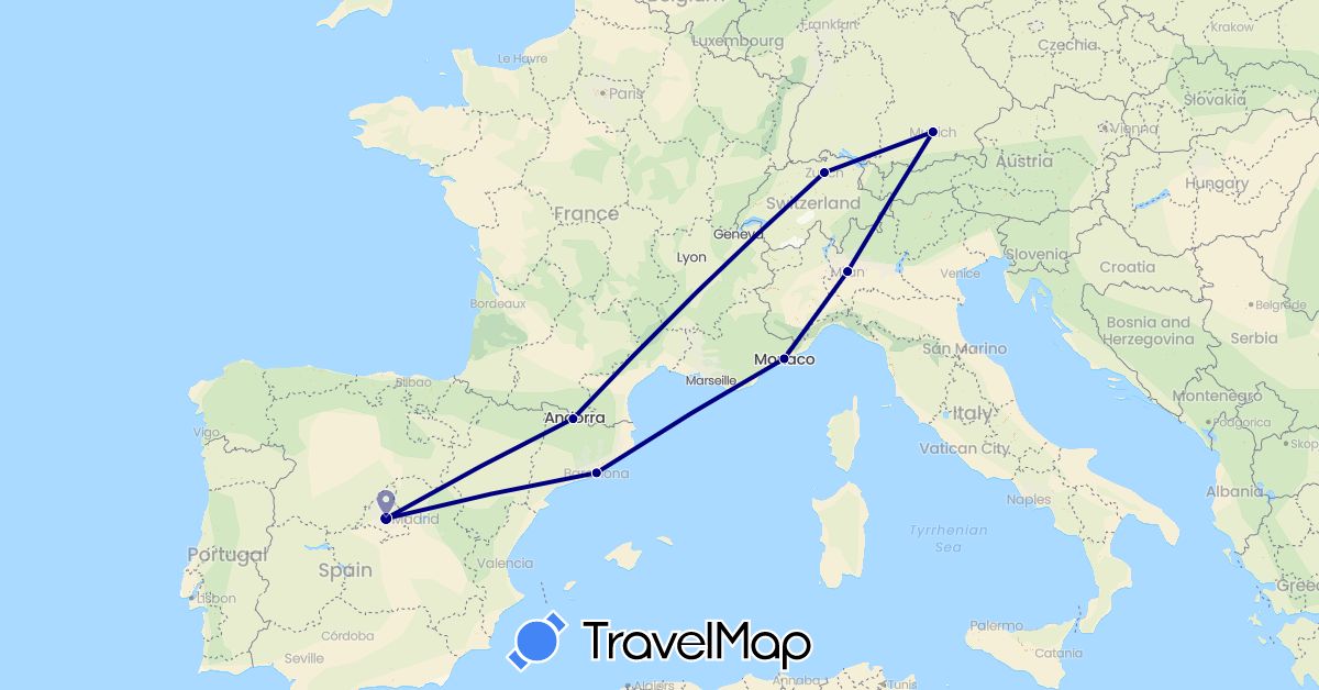 TravelMap itinerary: driving in Andorra, Switzerland, Germany, Spain, Italy, Monaco (Europe)