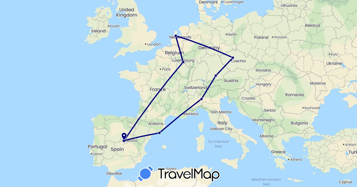 TravelMap itinerary: driving in Czech Republic, Germany, Spain, Italy, Luxembourg, Netherlands (Europe)